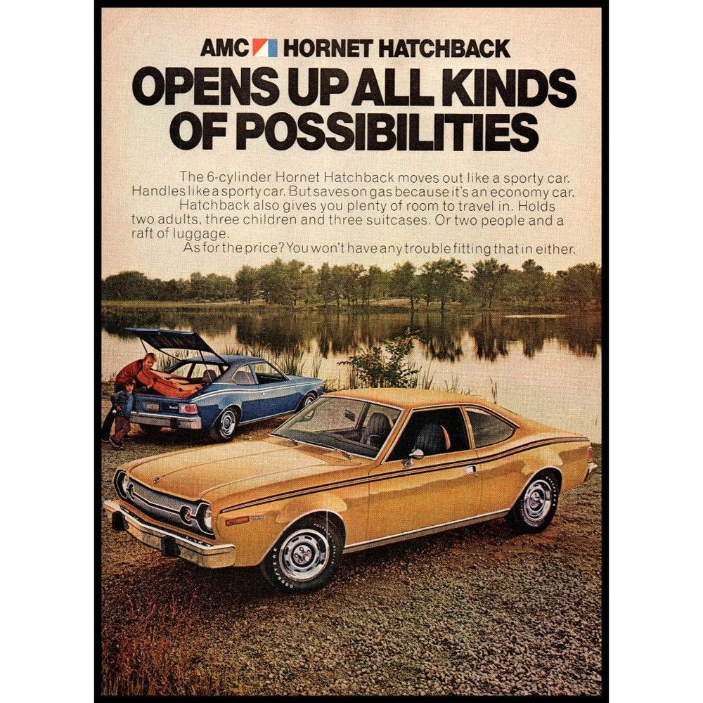 1974 AMC Hornet Hatchback Vintage Print Ad Father Son Lake Raft Yellow Wall Art